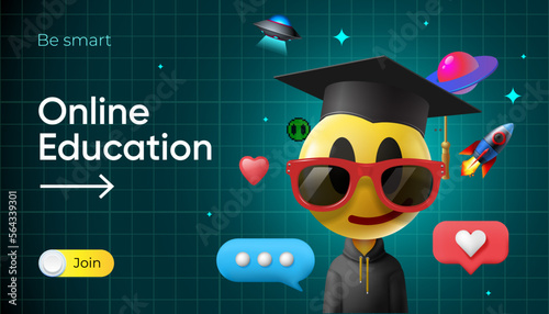 Online education web banner with emoji Smiling face in graduation hat and social media icons, checkered background. Back to school template, e-learning