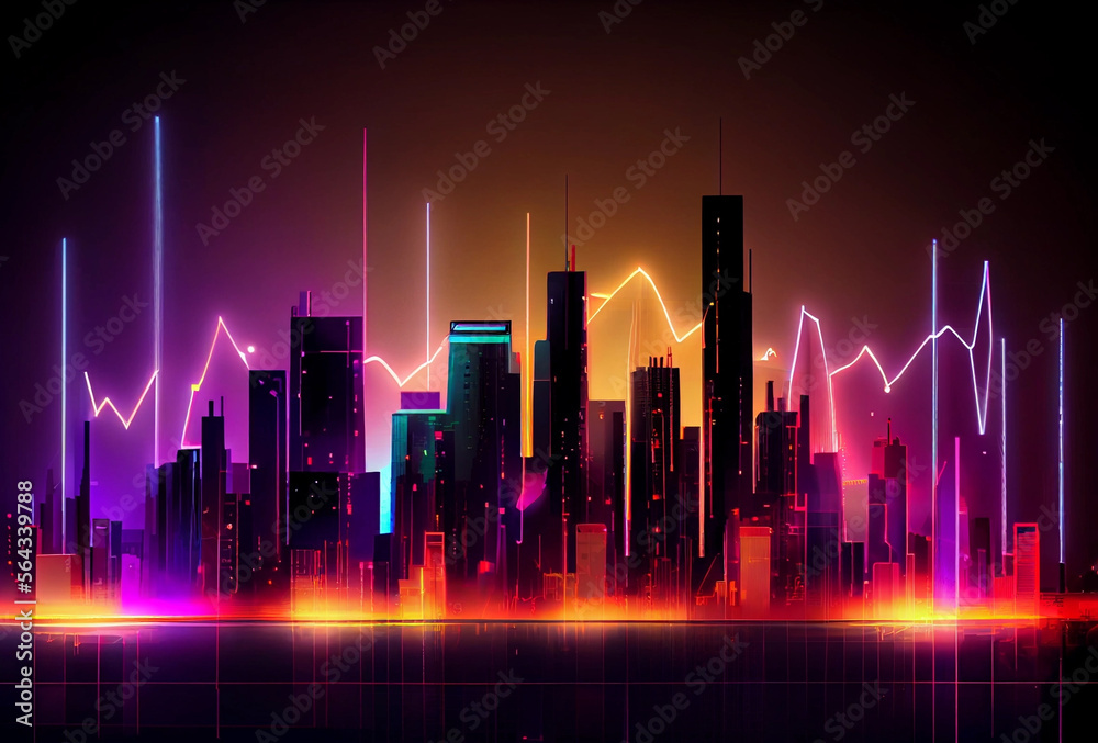 Neon Financial stock market chart against the backdrop of a night city, business investment concept and futures and stock trading. 3D rendering. City or Country GDP. Generating Ai.