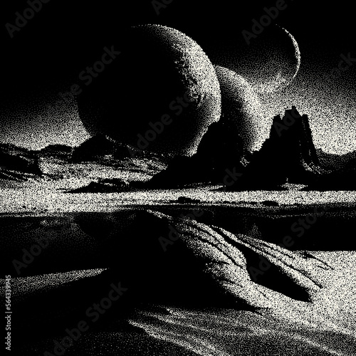 Alien planet landscape in retro dotwork style. Planets and satellites over unknown planet in space. Sci-fi world landscape beyond our galaxy.