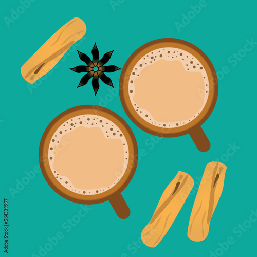 Vector illustration, Masala chai, Indian drink, Black tea with milk and spices. isolated on white background.