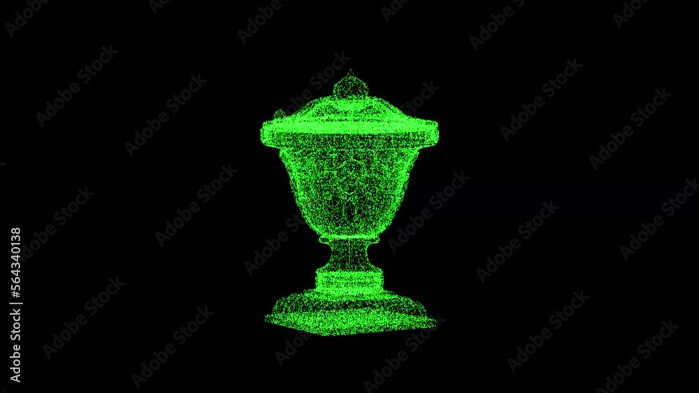 3D green ancient bowl rotates black background. Object consisting of flickering particles 60 FPS. Science historic tutorial concept. Abstract backdrop for logo, title, presentation. 3D animation 3D green ancient bowl rotates black background. Object consisting of flickering particles 60 FPS. Science historic tutorial concept. Abstract backdrop for logo, title, presentation. 3D animation