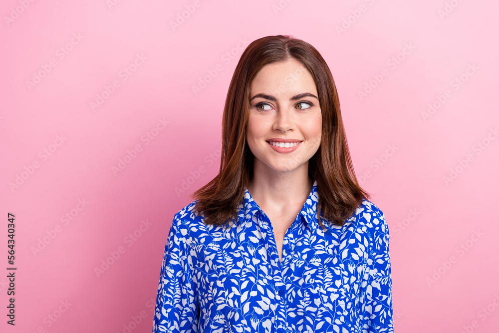 Portrait of positive pretty lady beaming smile look interested empty space isolated on pink color background Portrait of positive pretty lady beaming smile look interested empty space isolated on pink color background