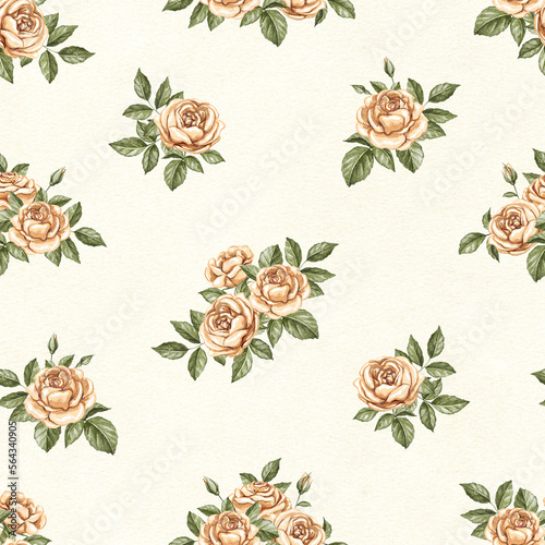 Seamless floral pattern with vintage orange flowers roses and leaves isolated on beage paper texture background. Watercolor hand drawn illustration sketch photo