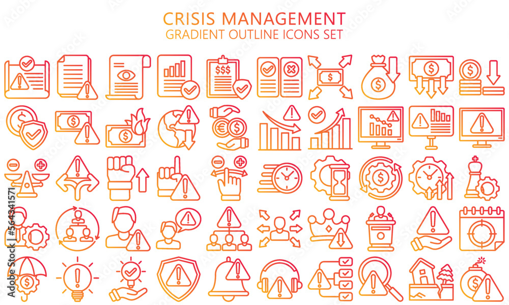 Crisis management gradient outline icons set. contain finance, business, document, warning, money and more. Vector EPS 10 ready convert to SVG. use for modern concept, UI or UX kit, web and app.