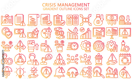 Fototapeta Naklejka Na Ścianę i Meble -  Crisis management gradient outline icons set. contain finance, business, document, warning, money and more. Vector EPS 10 ready convert to SVG. use for modern concept, UI or UX kit, web and app.