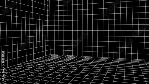 Abstract 80s styled computer background. Sci-fi architecture interior with retro lines. Synthwave or retrowave grid room.