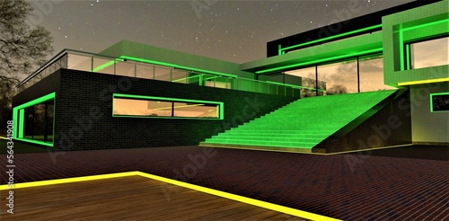 Walking up the luminous green stairs to the veranda of the wonderful eco-friendly home in an outlying area of the state. 3d rendering.