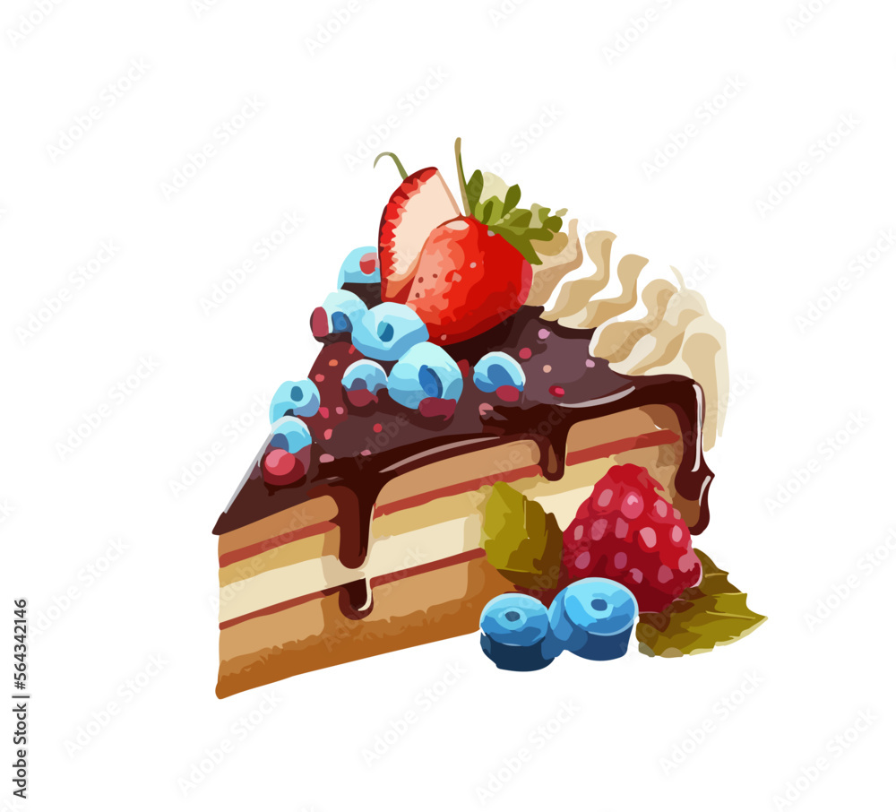 Piece of cartoon birthday cake with cream. Happy birthday greeting card design element. Vector illustration Piece of cartoon birthday cake with cream. Happy birthday greeting card design element. Vector illustration