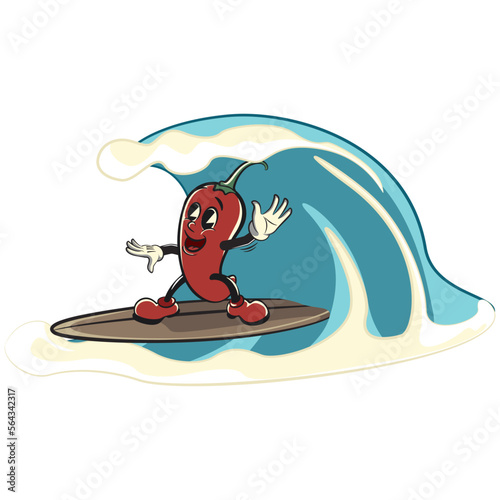 vector vintage illustration of surfing red chili mascot cartoon character