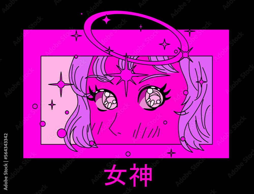 Obraz premium Pop art style illustration of an anime girl with a halo. Poster or t-shirt print template with Japanese slogan 