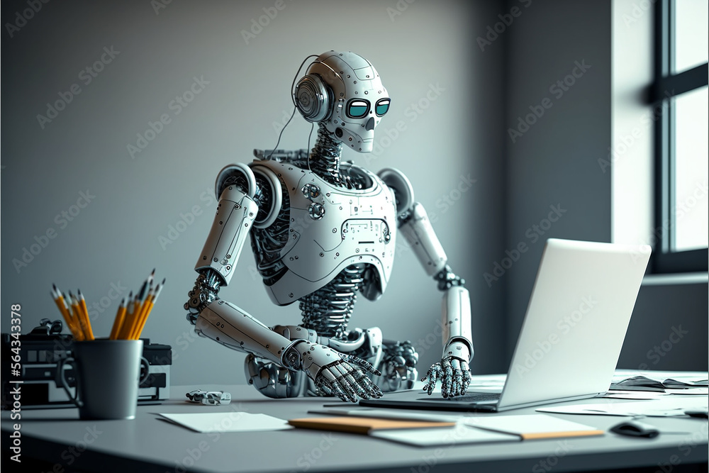 smart robot works on tasks at modern desk in minimal smart robot works on tasks at modern desk in minimal