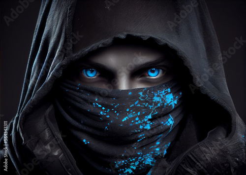 Close up view of man face with blue eyes and balaclava. AI Generated