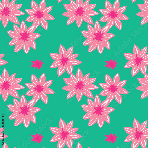 Seamless illustration. Abstract flowers on a green background