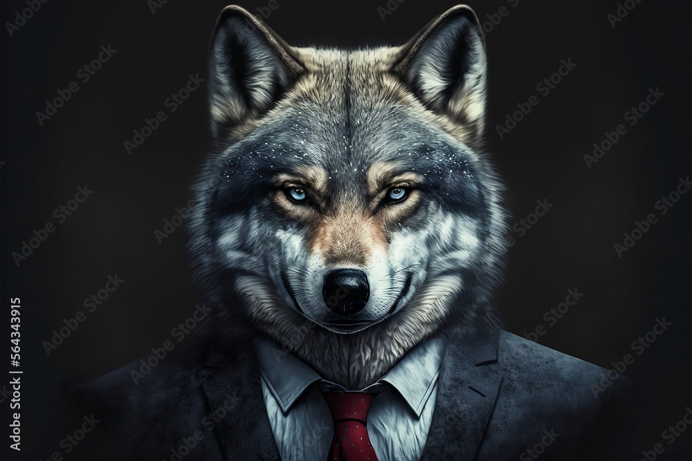 Portrait of a wolf dressed in a formal business suit with a red tie, generative ai Portrait of a wolf dressed in a formal business suit with a red tie, generative ai