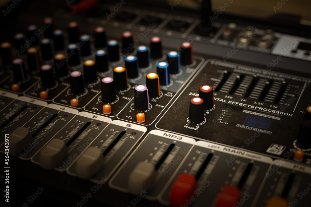 Sound mixer. Professional audio mixing console with lights, buttons ...