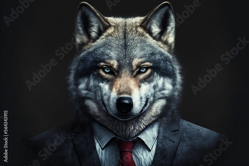 Portrait of a wolf dressed in a formal business suit with a red tie, generative ai