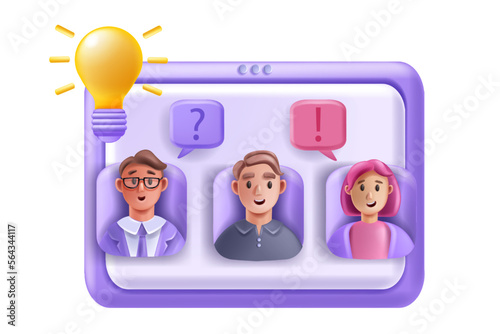 3D virtual meeting, vector interview conference, online video class concept, people avatar, screen. Teamwork webinar, business remote seminar, freelancer profile picture. Cartoon 3D interview office