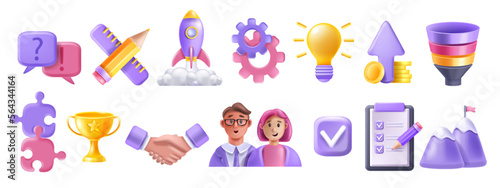 3D teamwork partner icon set, vector puzzle, person avatar, handshake, partnership project funnel. Business management strategy, success cup, startup rocket. 3D teamwork user connect company concept