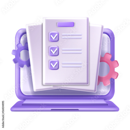 3D checklist icon, vector laptop screen document, online internet exam, digital questionnaire form. Complete to do list checkboxes, business project analysis plan. 3D checklist marketing analytics