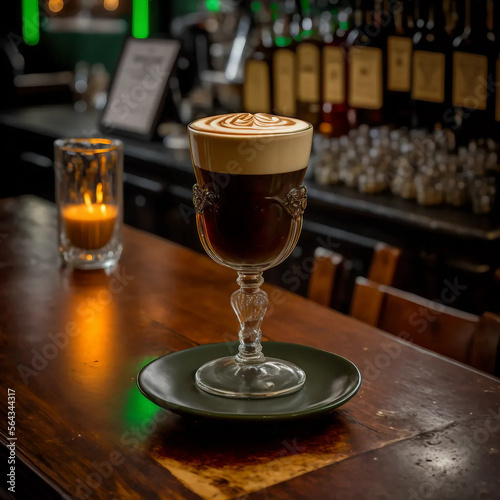 A warm and comforting Irish coffee served in a clear glass mug at a cozy bar. The coffee is blended with Irish whiskey and topped with a thick layer of whipped cream, perfect for a chilly evening. 