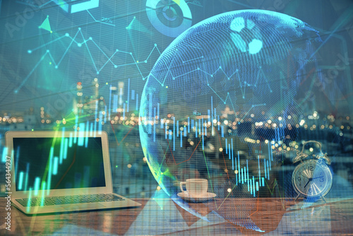 Multi exposure of forex graph and work space with computer. Concept of international online trading.