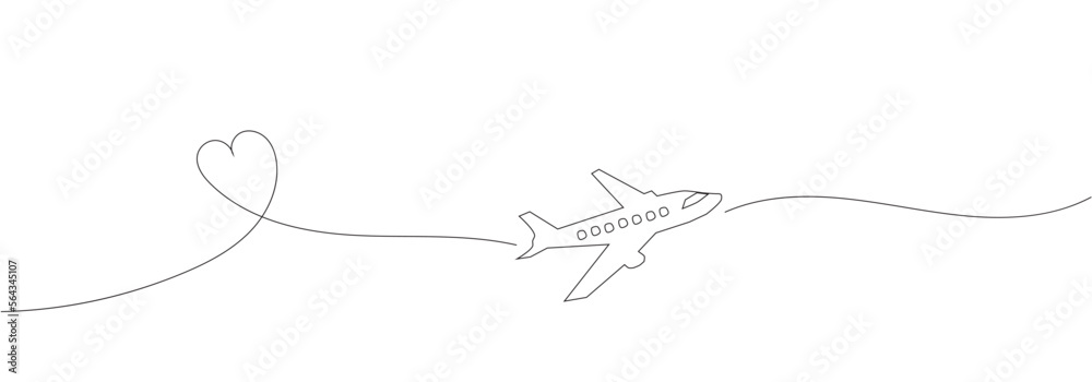 Airplane icon with dashed line flight path forming a heart shape trail - black plane travel route symbol isolated on white background. Flat vector illustration. Airplane icon with dashed line flight path forming a heart shape trail - black plane travel route symbol isolated on white background. Flat vector illustration.