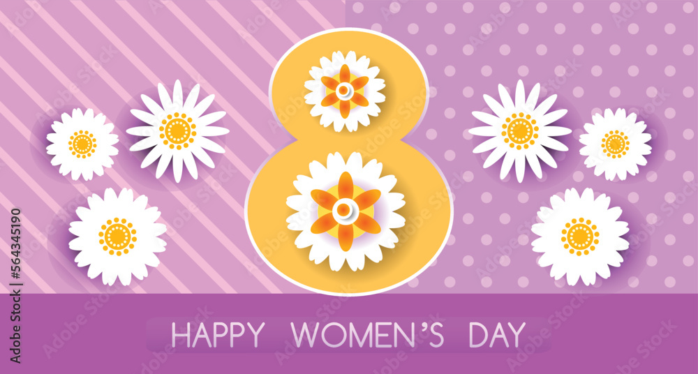 Happy 8 March, Banner for the International Women's Day with the decor of flowers. Abstract art paper cut floral bouquet Heart paper craft frame Flowers International Female Vector Holiday Illustratio