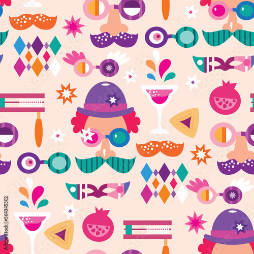 Happy Purim - holiday  jewish carnival  template seamless pattern  Carnival mask, Hamantashen, confetti, clown, garland, crown, firework  Vector festive design illustration