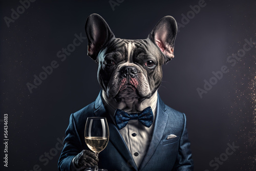 Portrait of a dog with a glass of champagne congratulates and celebrates on isolated background, generative ai