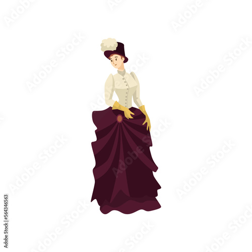 Fancy Victorian woman vector illustration. Cartoon female character in classic Victorian style costume isolated on white background. History, fashion concept