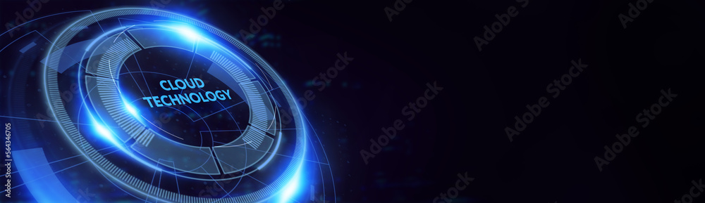 Fototapeta premium Cloud technology computing concept. Robot pressing button on virtual screen. 3d illustration