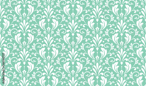 Floral pattern. Vintage wallpaper in the Baroque style. Seamless vector background. White and green ornament for fabric, wallpaper, packaging. Ornate Damask flower ornament