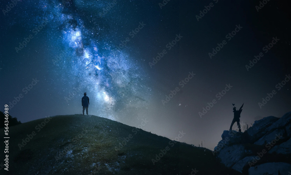 Night sky long exposure landscape. A man standing on a high rock watching the stars rise into the night sky