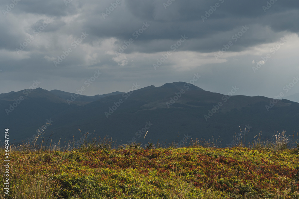 Widok w Bieszczadach z Połoniny Caryńskiej. Ciemne burzowe chmury , oberwania chmury i nawałnica - obrazy, fototapety, plakaty 