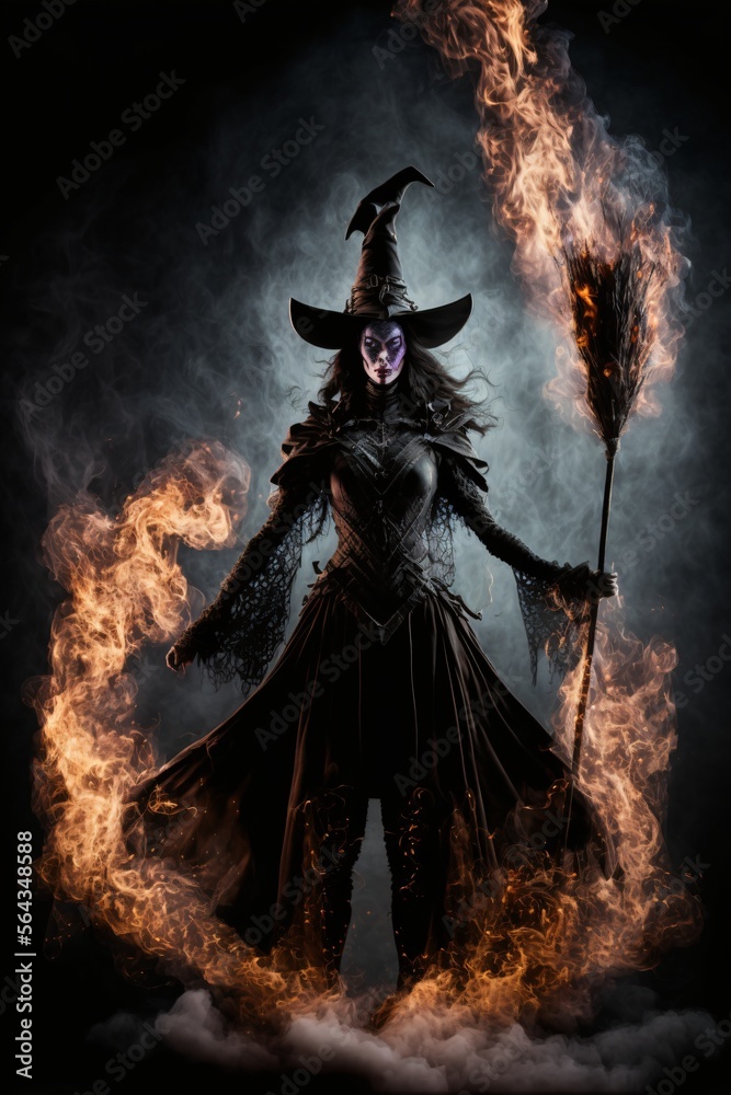 Seductive sexy witch wearing gothic dress with broom and flames. Designed using generative ai Seductive sexy witch wearing gothic dress with broom and flames. Designed using generative ai