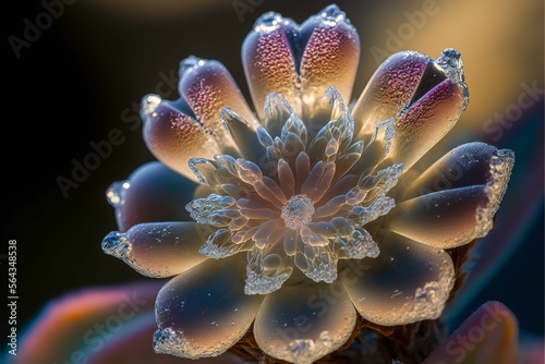 Macro photography style of an iridescent crystal flower, made with Generative AI