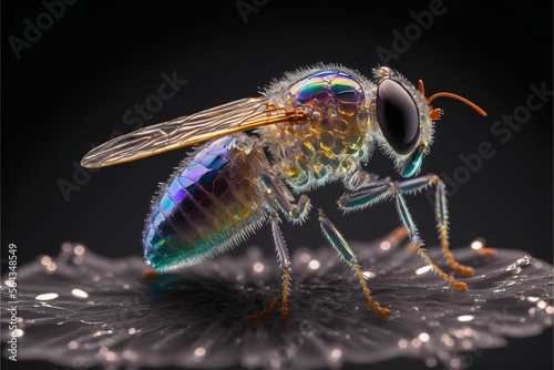 Macro photography style of an iridescent crystal fly, made with Generative AI © Fredrik