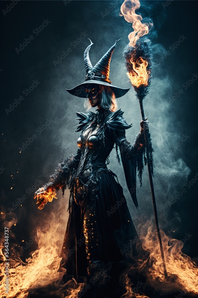 Seductive sexy witch wearing gothic dress with broom and flames. Designed using generative ai Seductive sexy witch wearing gothic dress with broom and flames. Designed using generative ai