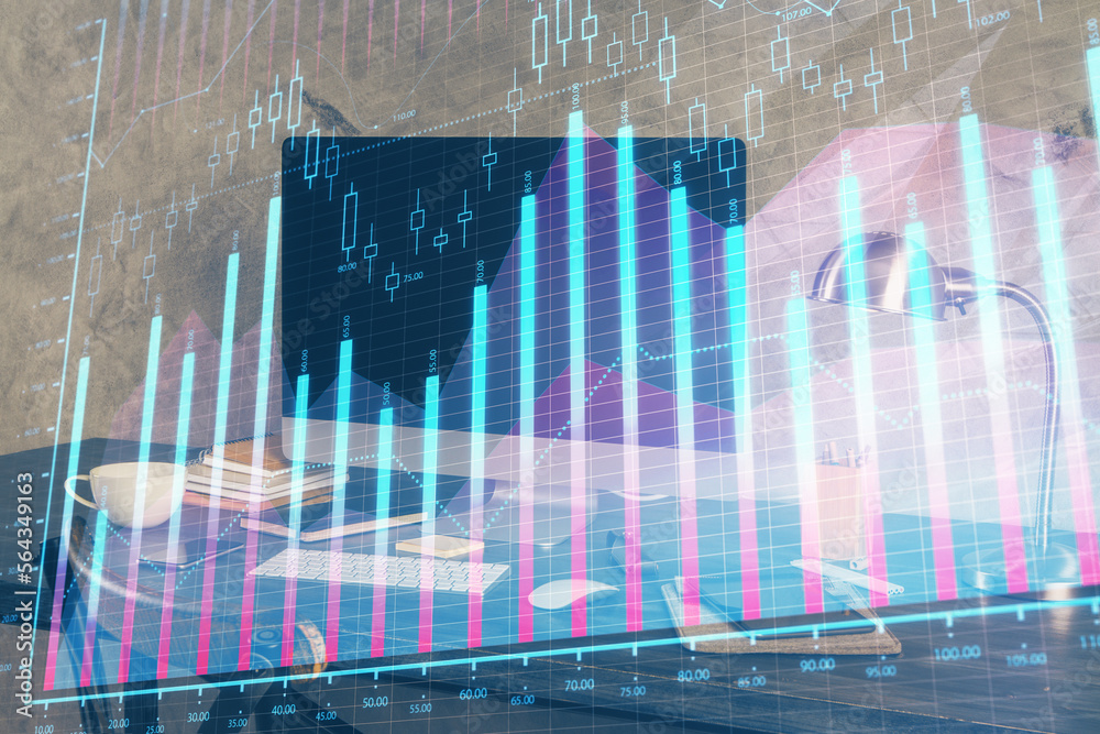 Multi exposure of forex graph and work space with computer. Concept of international online trading. Multi exposure of forex graph and work space with computer. Concept of international online trading.