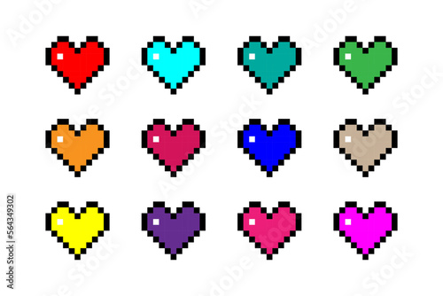 Set of multicolored pixel heart icons. Color silhouette. Front view. Editable pixels. Vector simple flat graphic illustration. Isolated object on a white background. Isolate.
