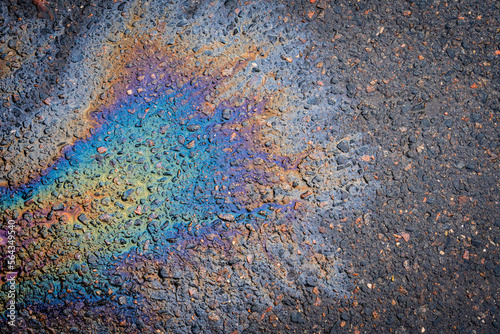 Spills of fuel or oil on the asphalt road as texture or background.