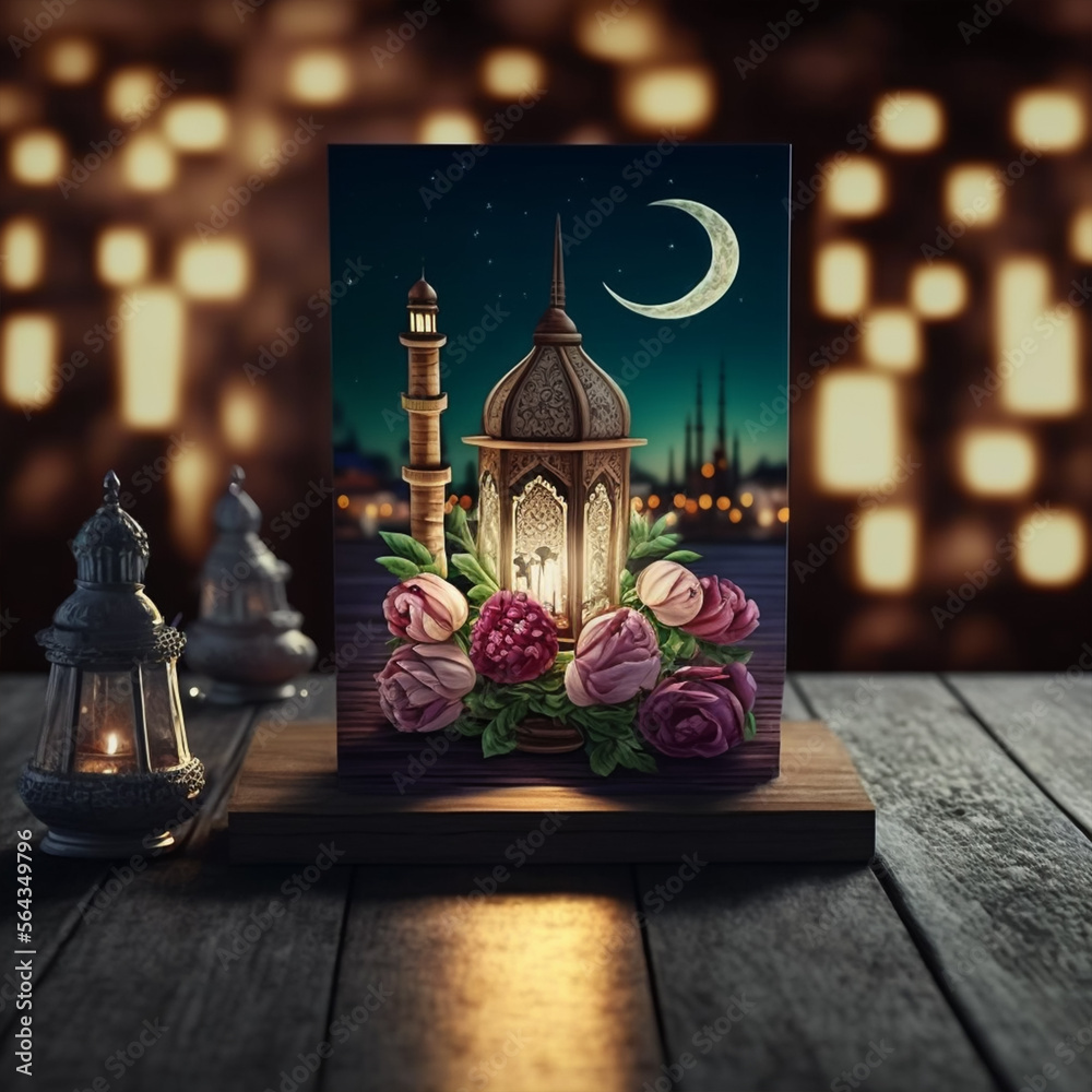Ornamental Arabic lantern with glowing moon in background, prunus tree blossoms, holy month Ramadan Kareem, generative ai