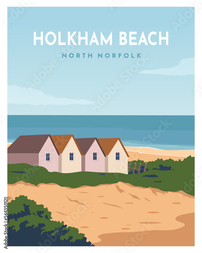 travel poster landscape sand dunes and beach house in holkham beach North Norfolk England, UK. vector illustration with minimalist style. photo