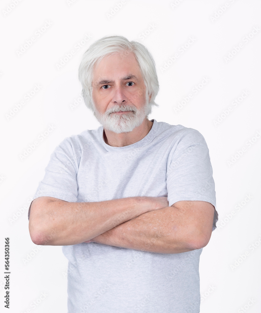 Scruffy But Confident Old Man With Arms Crossed On White-Haired Scruffy But Confident Old Man With Arms Crossed On White-Haired