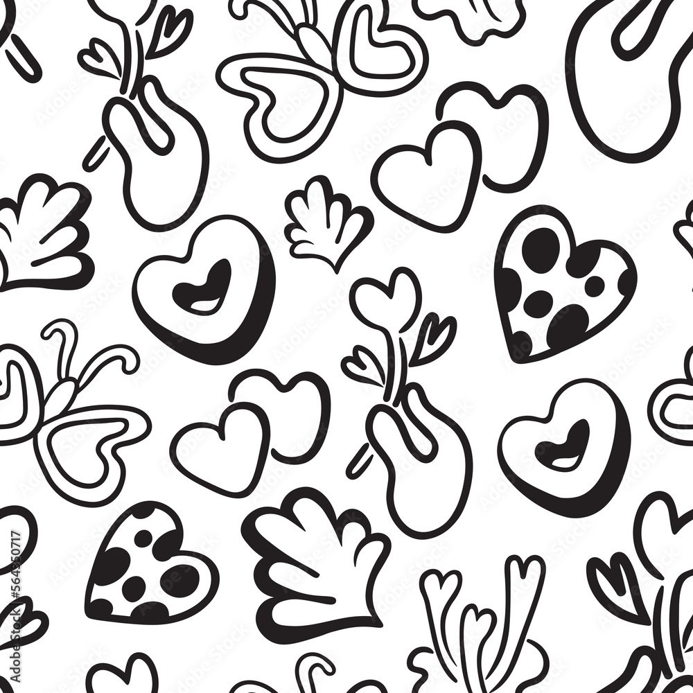 Fototapeta premium vector seamless pattern with simple doodles. love and relationships. stylish minimalist line pattern. romantic graphic background. Vector hearts, couples, flowers, plants, arrows.