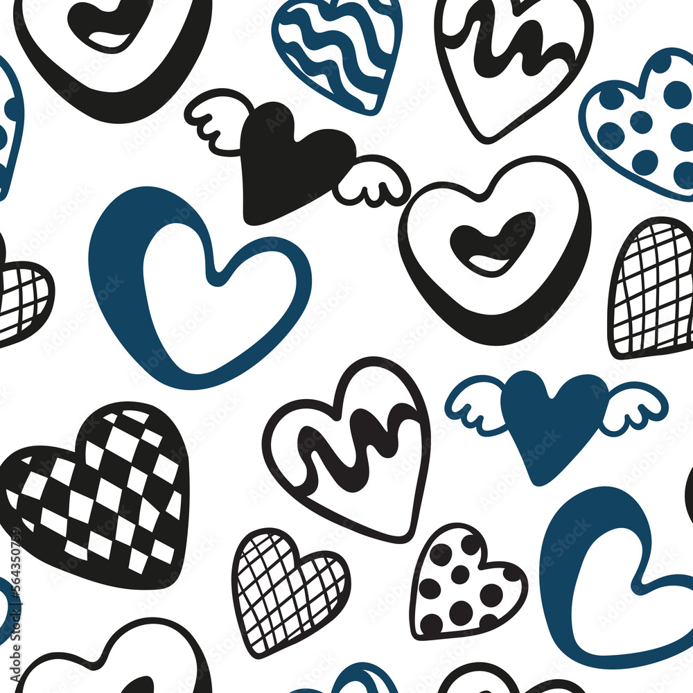 Fototapeta premium vector seamless pattern with simple doodles. love and relationships. stylish minimalist line pattern. romantic graphic background. Vector hearts, couples, flowers, plants, arrows.