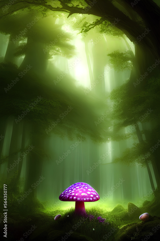 Magic mushroom in beautiful, mystical mistry forest, fairy tale dreamy illustration, fairy scene