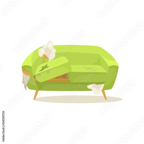 Dirty green sofa vector illustration. Old broken couch with holes and stains for living room isolated on white background. Furniture, interior design concept
