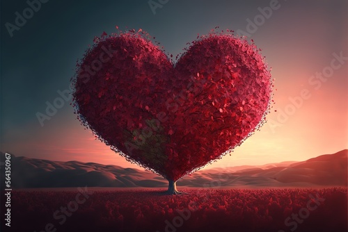 Tree of love. Red heart shaped tree at sunset. Beautiful landscape with red tree and falling leaves.Love background. Generative AI