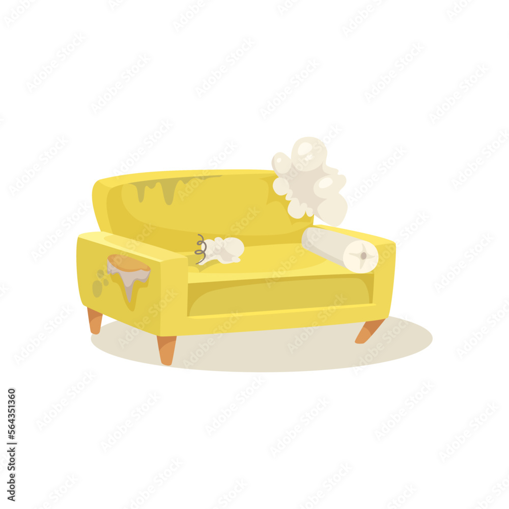 Old broken yellow sofa vector illustration. Torn couch with holes for living room isolated on white background. Furniture, interior design concept Old broken yellow sofa vector illustration. Torn couch with holes for living room isolated on white background. Furniture, interior design concept